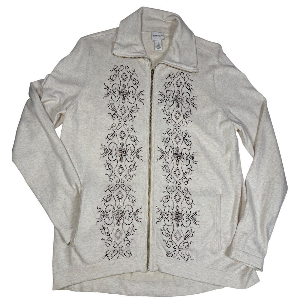 Zenergy by Chicos Cream Rhinestone Embellished Cashmere Blend Zip Cardigan 1